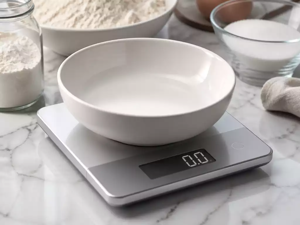 Close-up of a digital kitchen scale with a bowl on it, displaying '0.0g' after taring, with ingredients like flour and sugar in the background, clean image