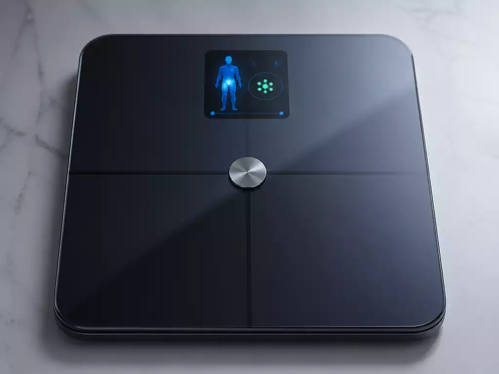 Smart scale displaying body composition data including protein levels