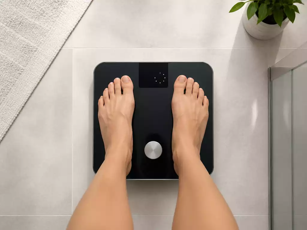 Modern digital bathroom scale with a person's feet on it, displaying an accurate weight reading, in a clean, minimalist bathroom setting