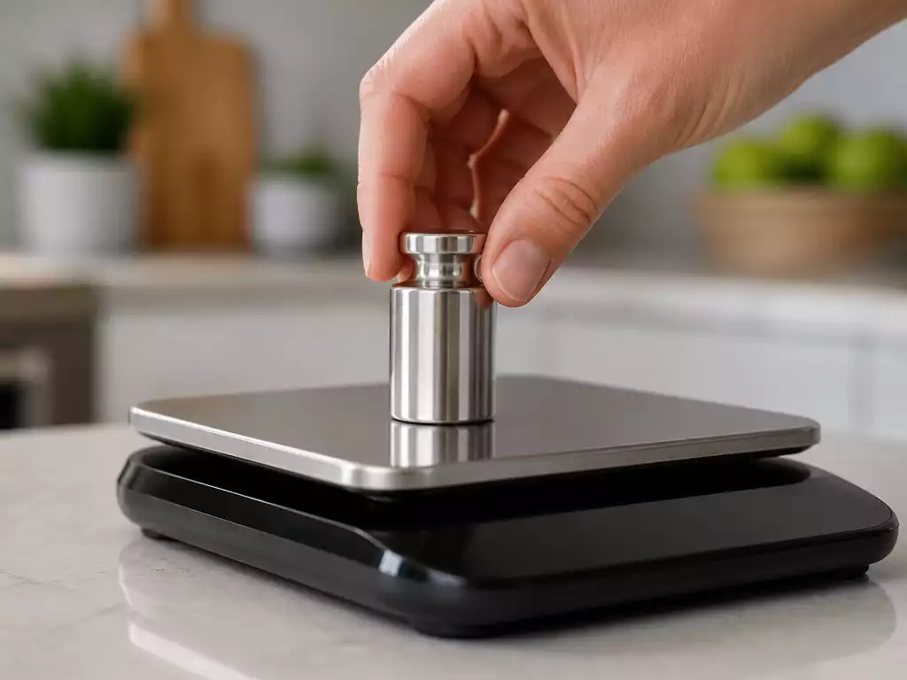 Close-up of a hand carefully placing a certified calibration weight onto a digital kitchen scale, with a blurred background of a modern kitchen, no text, no words, no typography, no labels, clean image