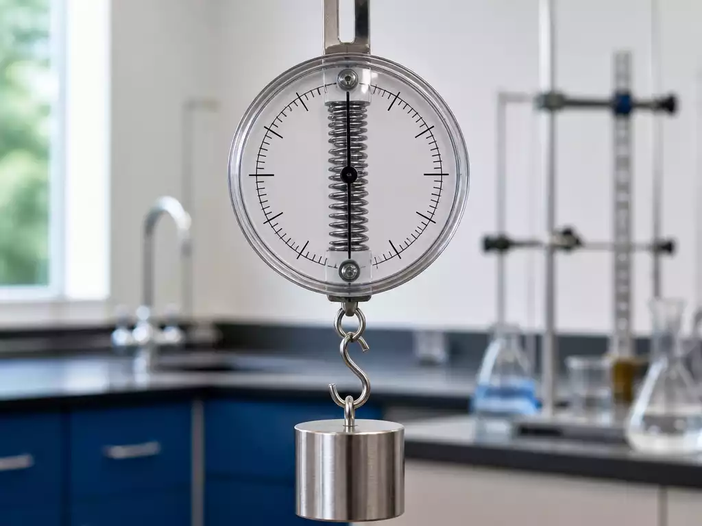 Close-up of a spring scale with an object hanging from it, showing the dial and spring mechanism