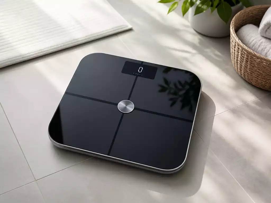 Modern Garmin Smart Scale on a clean bathroom floor, showing a zero reading