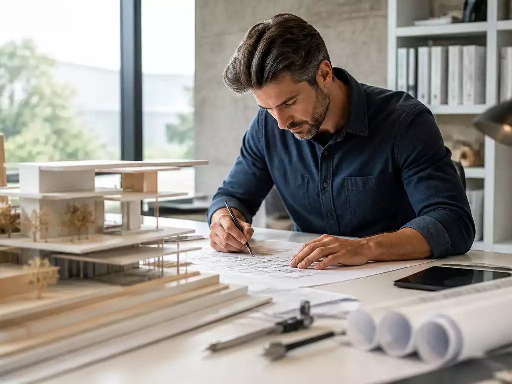 Architect working on blueprints with various drafting tools and a scale model of a building