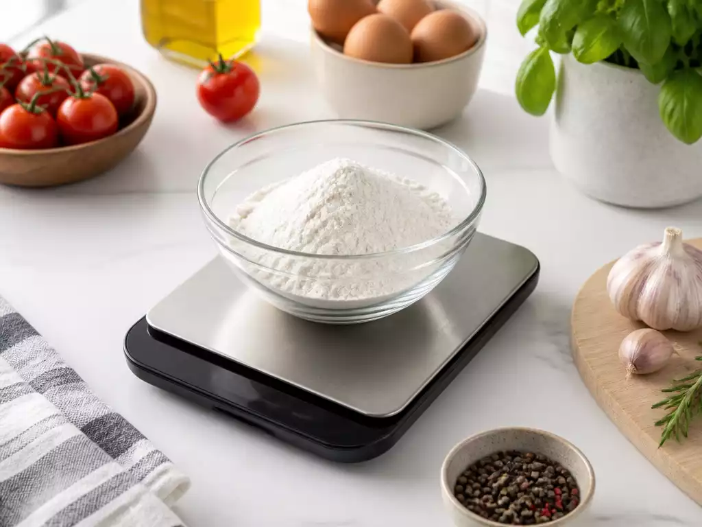 Modern Etekcity kitchen scale on a white countertop with fresh ingredients, representing accurate measurement in cooking