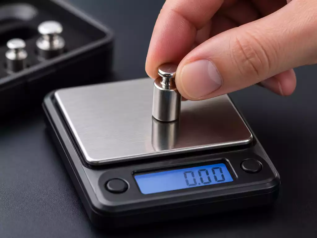 Close-up of a hand carefully placing a small calibration weight onto a digital pocket scale, with a focus on precision and the scale's display showing '0.00'.