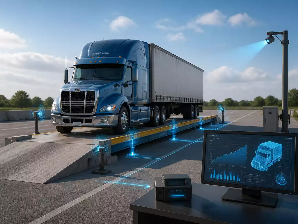 Truck driving onto a large truck scale with sensors detecting weight, showing data collection and real-time display, no text, no words, no typography, no labels, clean image