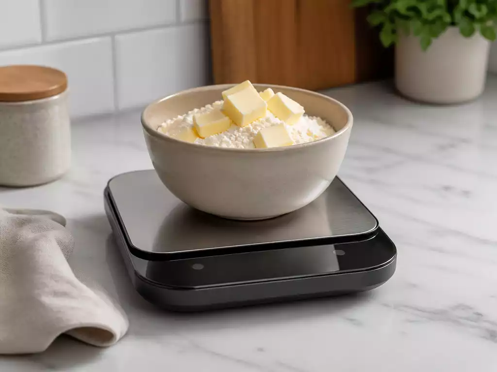 Digital food scale with a bowl of ingredients being tared, showing precise measurement, clean kitchen background