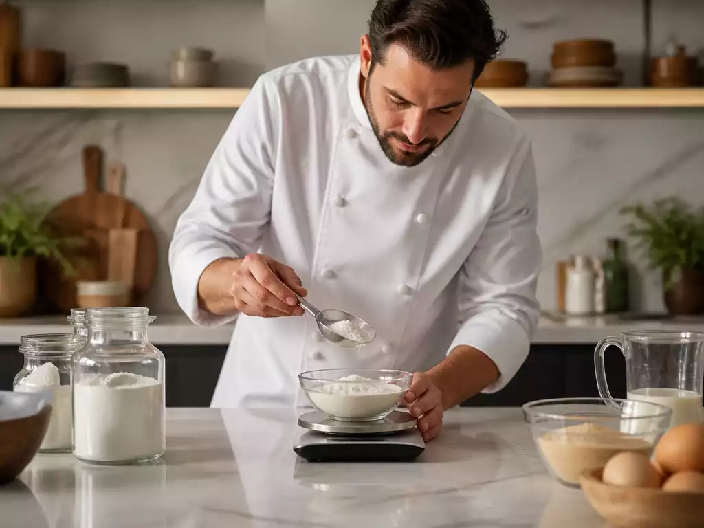 Chef using an OXO digital scale to precisely measure ingredients for baking