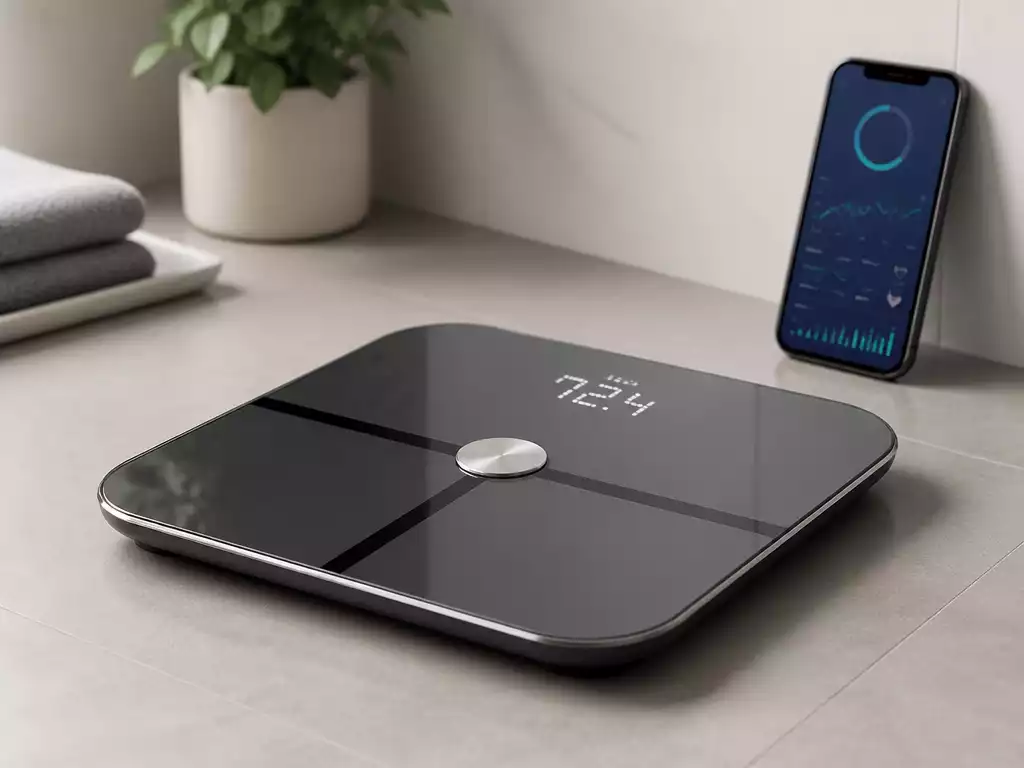 Modern Vitafit smart scale on a clean bathroom floor, displaying a weight reading, with a smartphone showing a health tracking app in the background