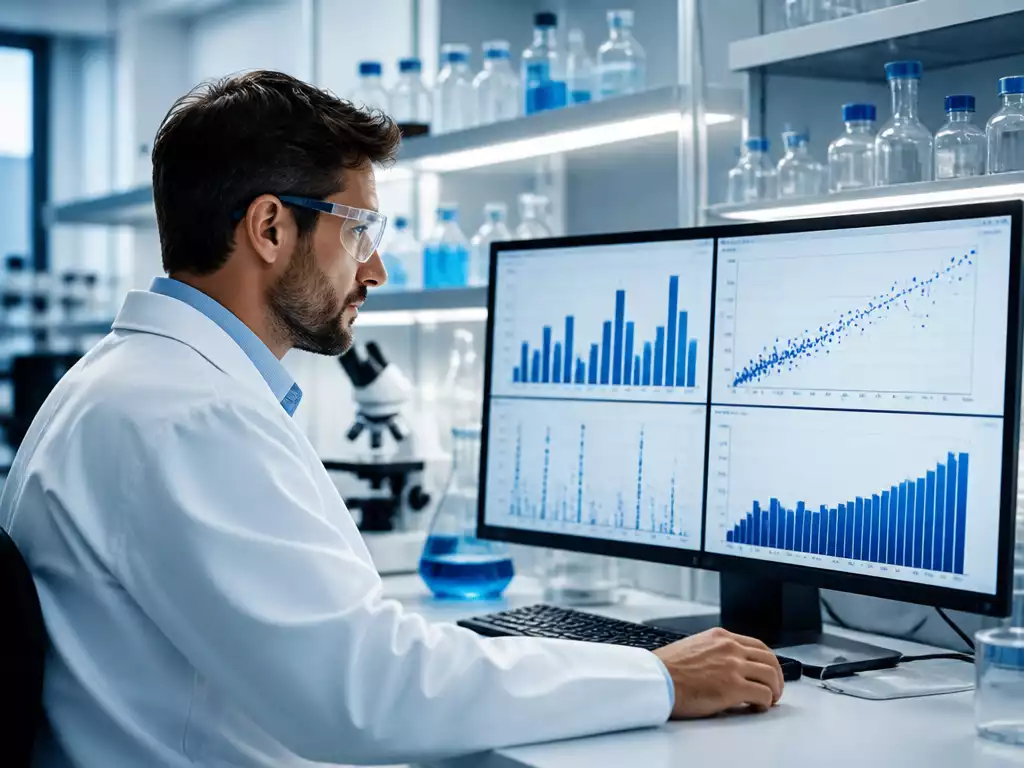 Scientist analyzing data on a screen, with charts and graphs related to ratio scales