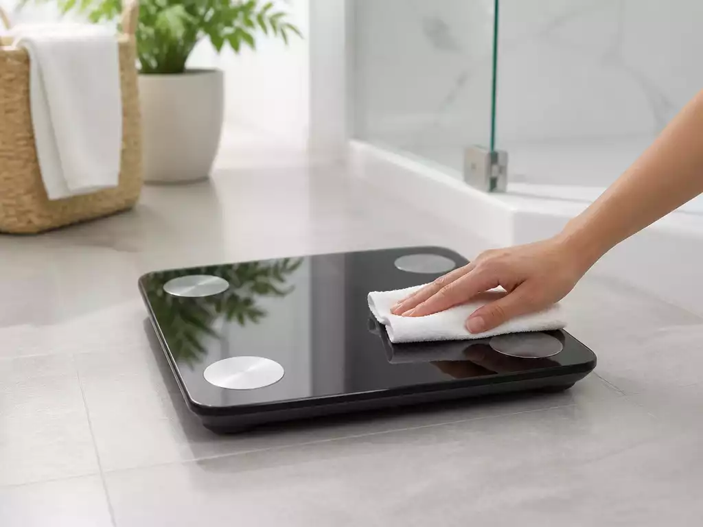 Modern digital bathroom scale on a clean bathroom floor, with a hand wiping it down, bright and clean environment