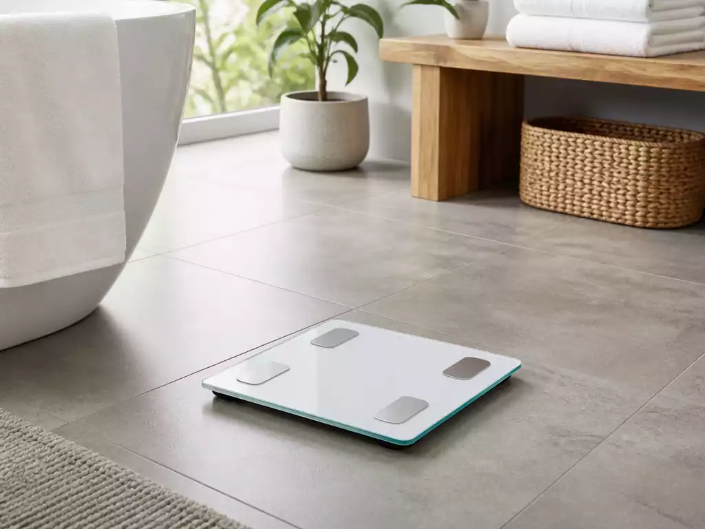 EatSmart scale on a hard, flat surface in a modern bathroom setting, ready for first-time use