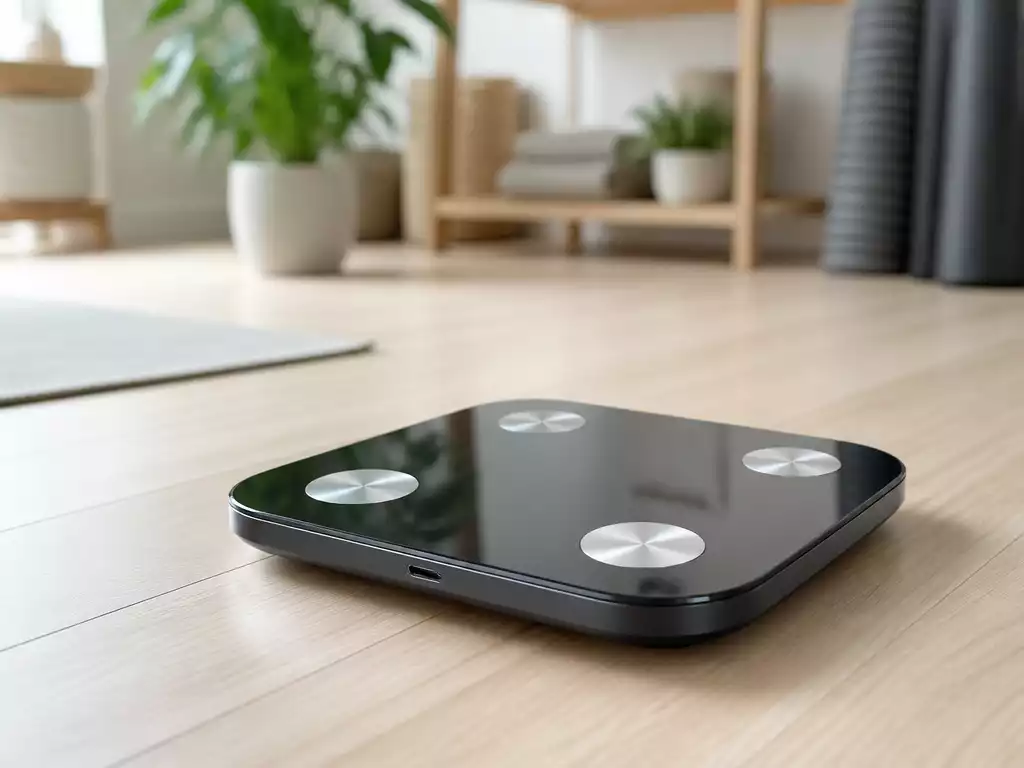 Modern body fat scale on a light wooden floor, with a blurred background of a healthy home environment