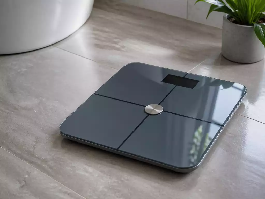 Modern digital bathroom scale on a clean bathroom floor, showing a clear weight reading
