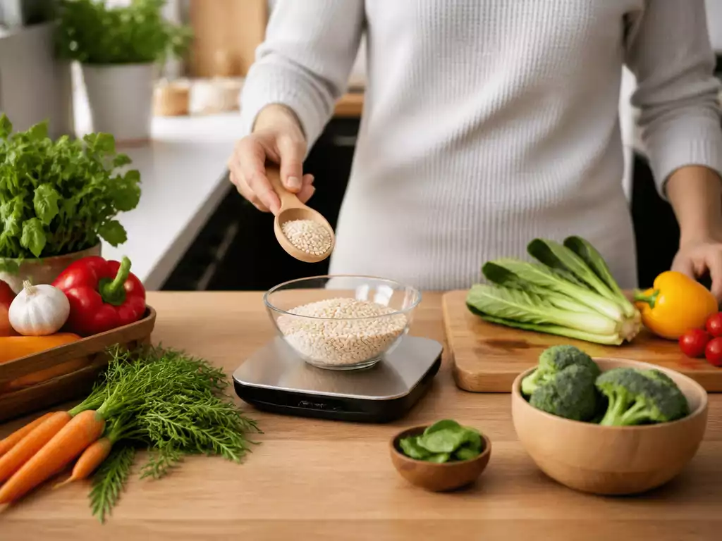 Person using a digital kitchen scale to weigh ingredients for cooking, with fresh vegetables and herbs around, in a bright, modern kitchen setting.