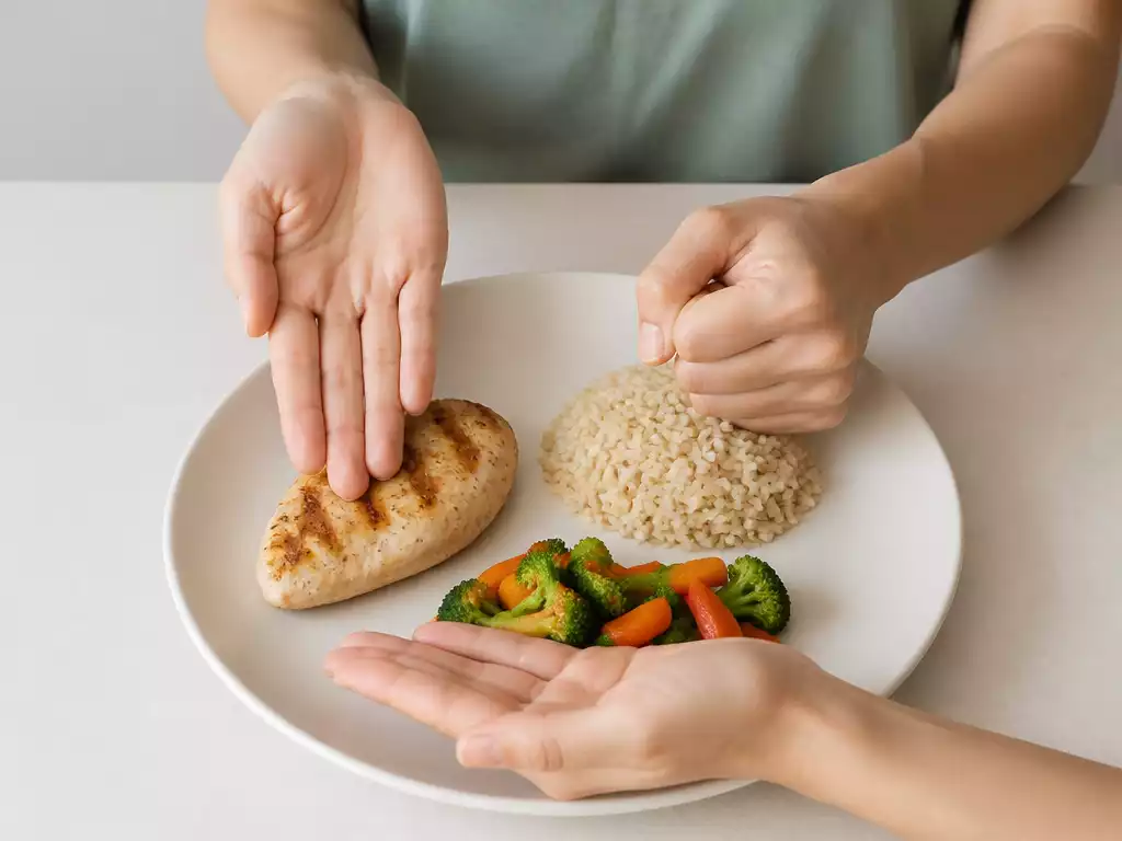 Person using hand to estimate food portion sizes on a plate