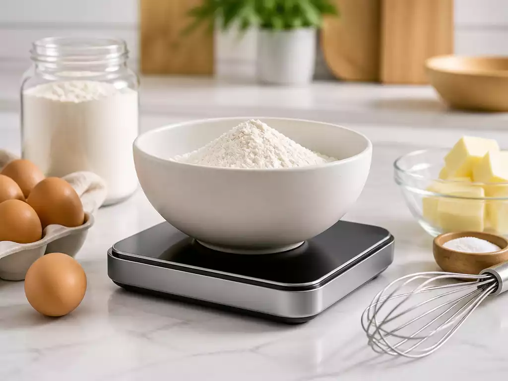 Modern digital kitchen scale with a bowl of flour on it, surrounded by baking ingredients like eggs and a whisk, in a bright kitchen setting