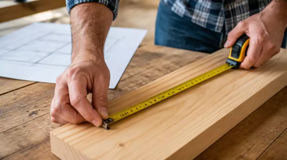 Person using a measuring tape to measure a wooden plank, with a blueprint in the background