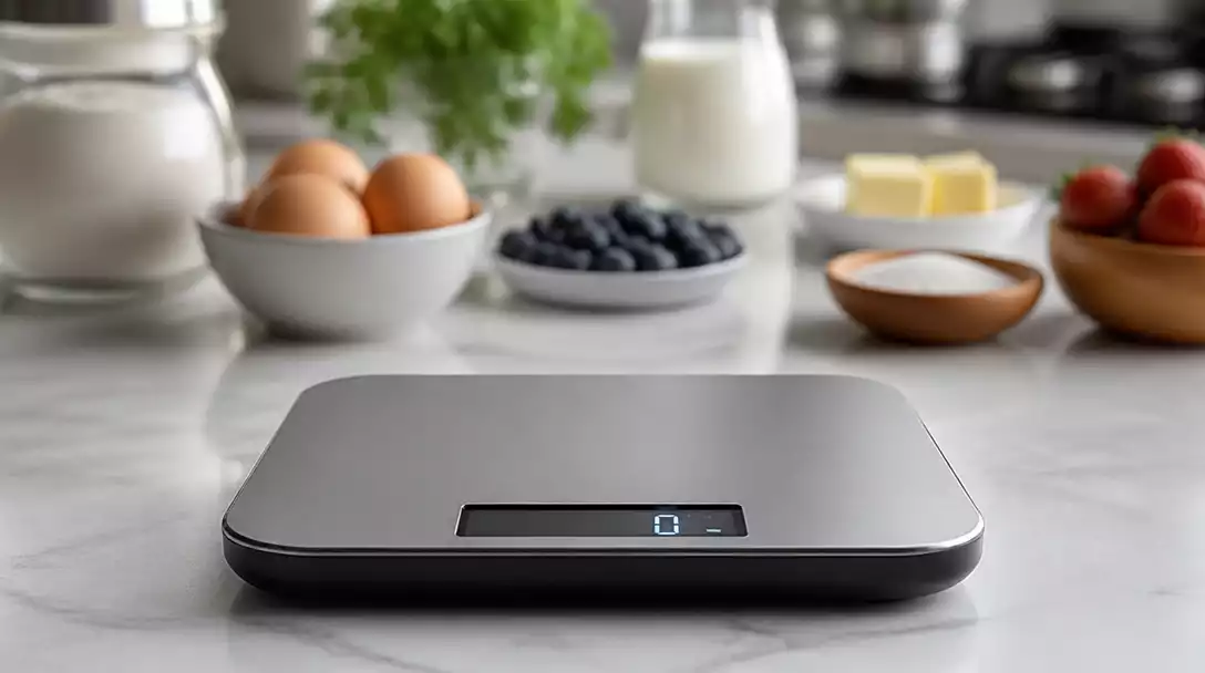Digital kitchen scale displaying zero, with various cooking ingredients blurred in the background, no text, no words, no typography, clean image