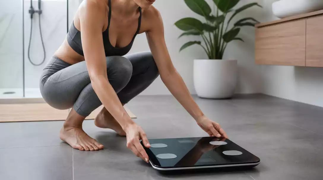 Person calibrating a Renpho smart scale on a clean bathroom floor