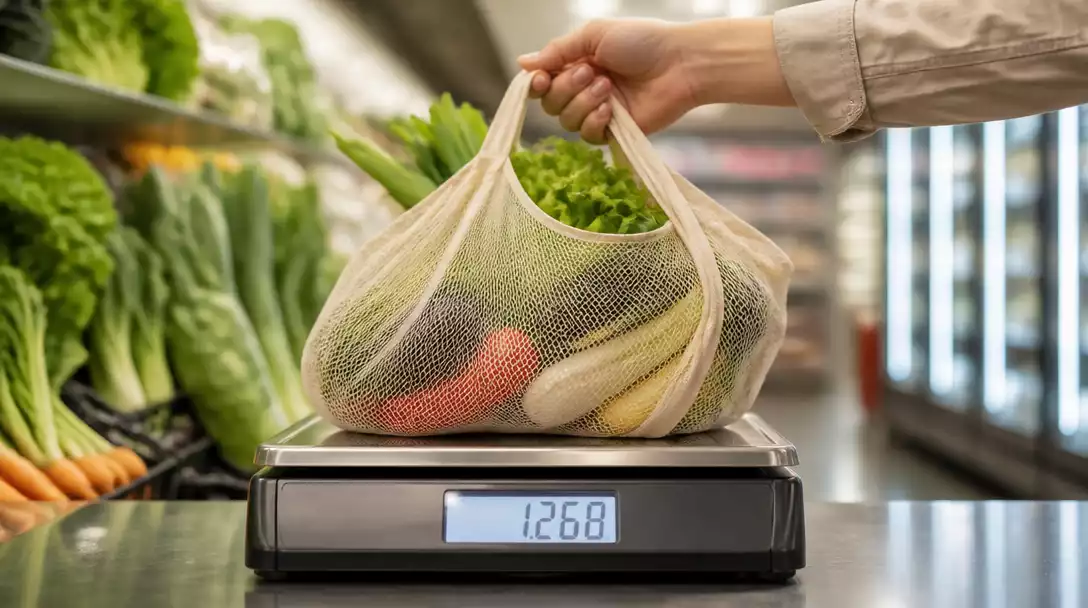 Person's hand placing a reusable produce bag filled with fresh vegetables onto a digital grocery scale, showing a clear weight reading