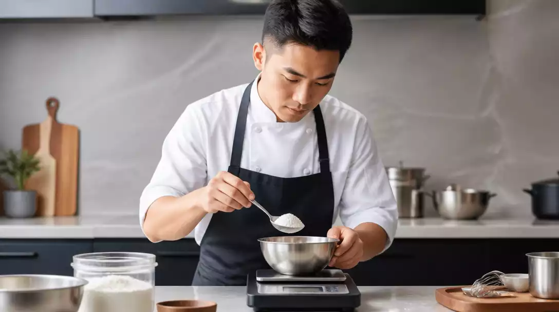 Chef precisely measuring ingredients with a digital food scale in a modern kitchen