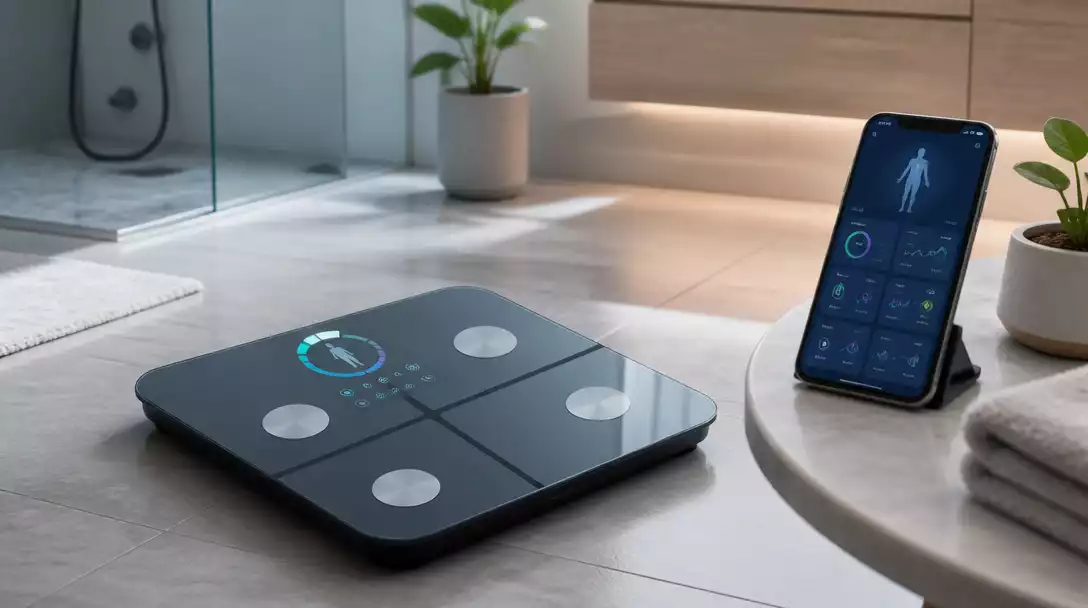 Modern smart scale on a bathroom floor, showing a digital display with body composition metrics, connected to a smartphone app on a table in the background