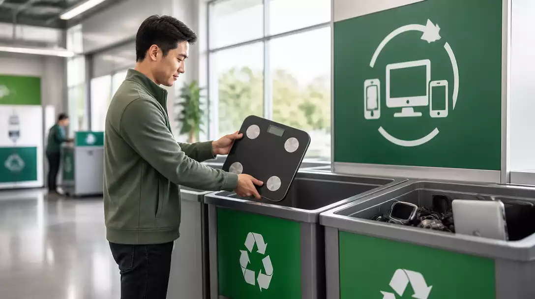 Person responsibly disposing of an old bathroom scale at a recycling center