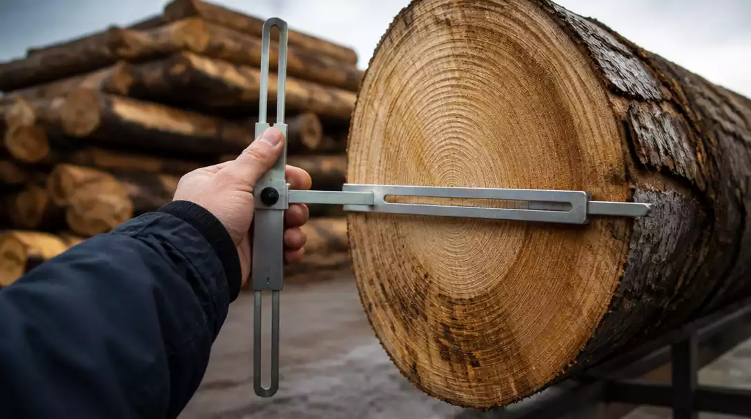 Detailed close-up of a log being measured with a specialized scaling tool in a lumber yard
