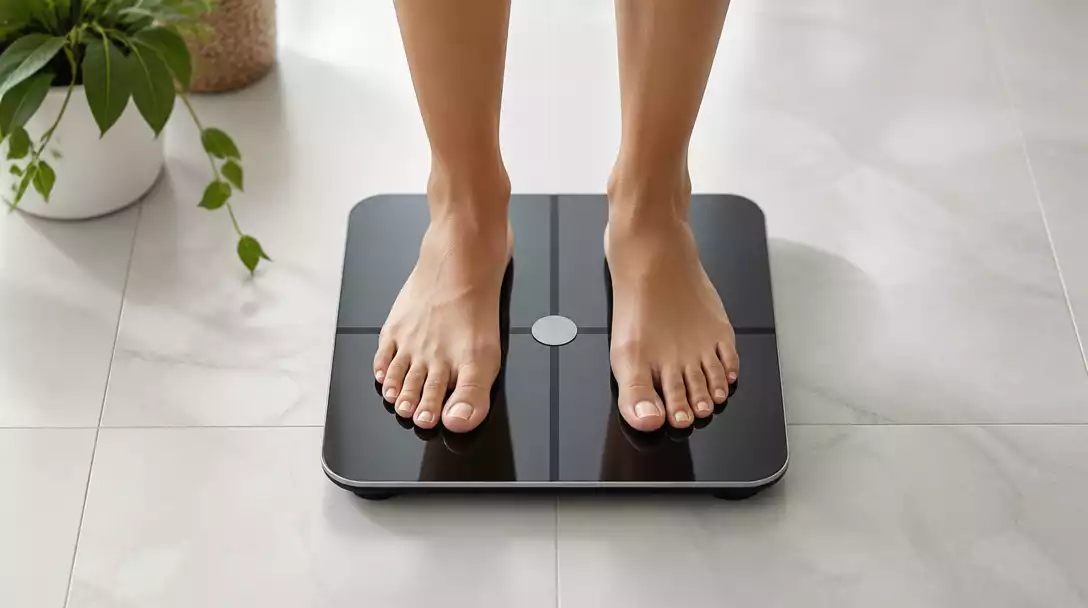 Modern bathroom scale on a clean tile floor, with a person's feet visible, indicating use and accuracy