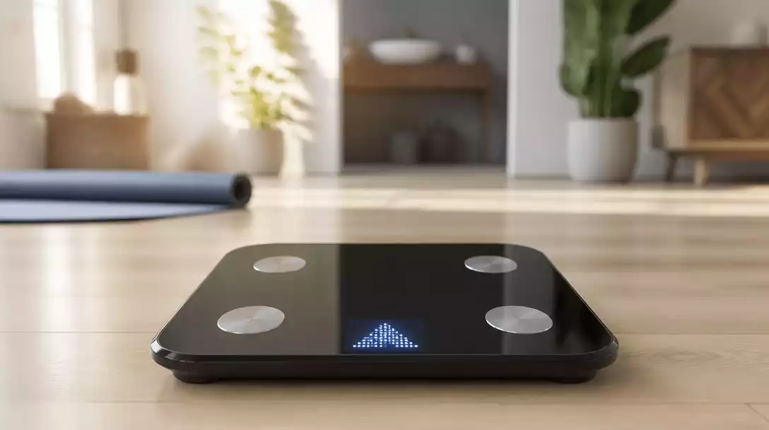 Modern smart scale showing weight data on a digital display, with a blurred background of a healthy home environment, no text, no words, no typography, no labels, clean image