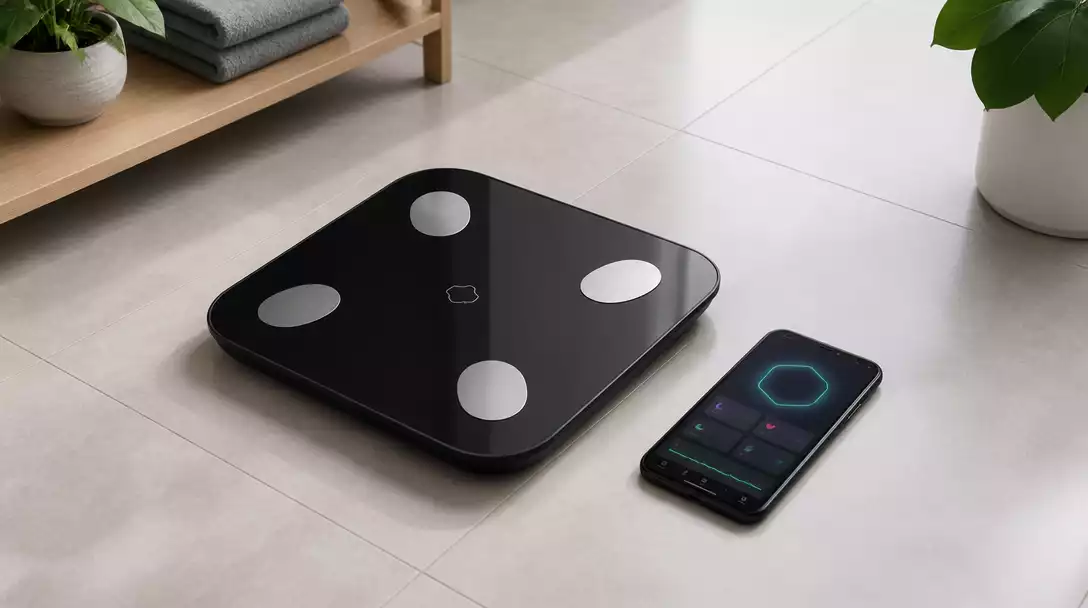 Hume Scale placed on a tiled floor with a smartphone displaying the Hume Health app nearby