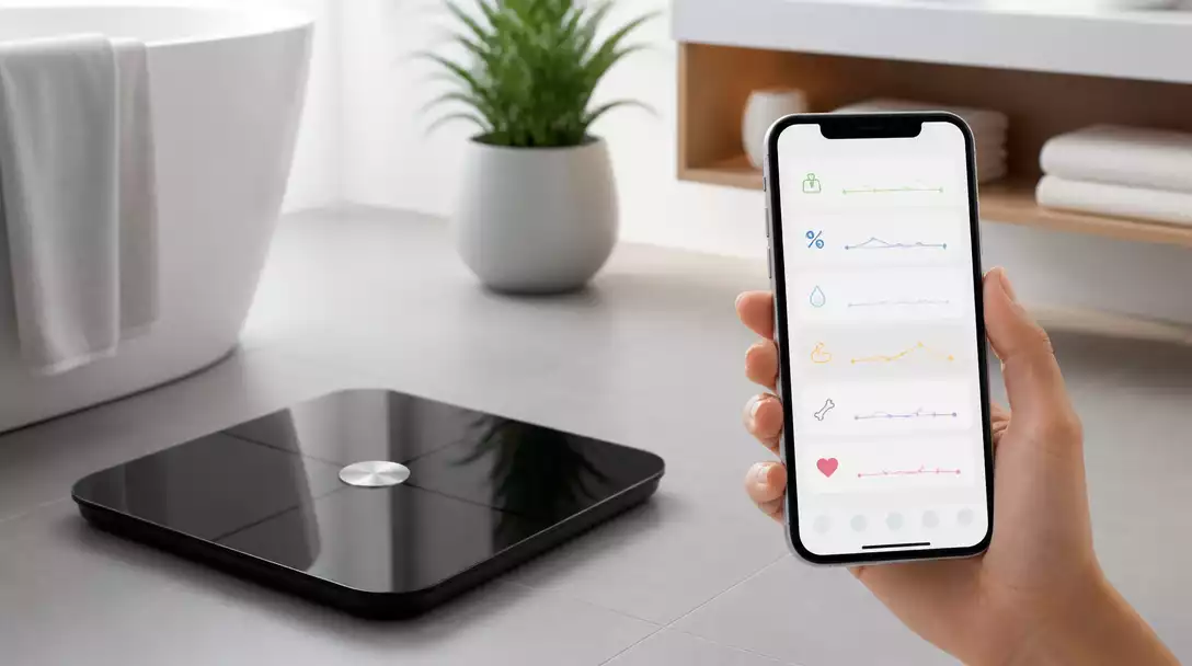 Modern Qardio Scale displaying health metrics on a smartphone app