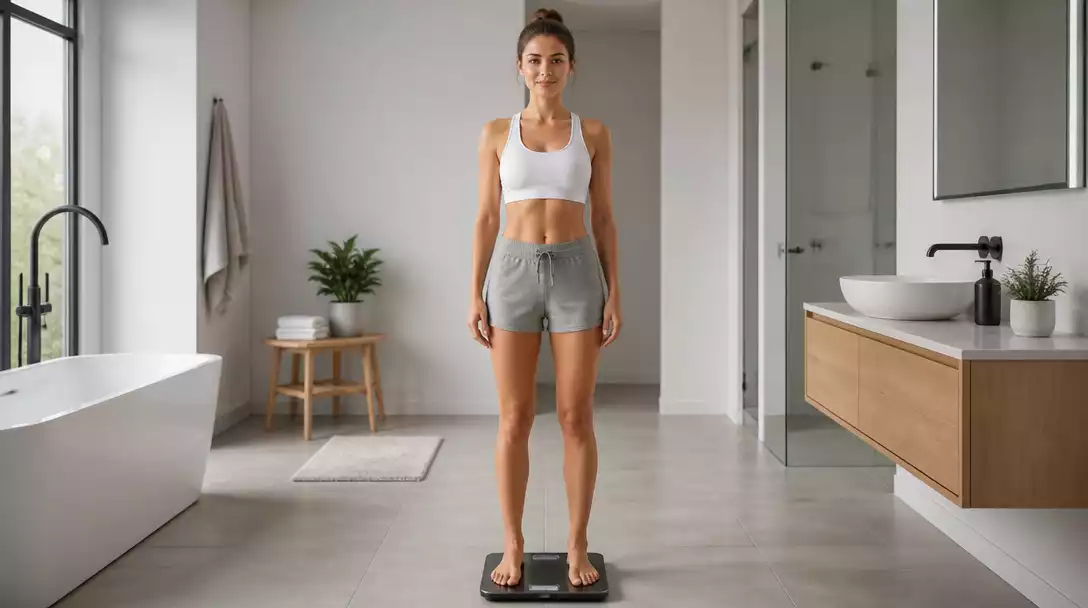 Person standing correctly on a digital bathroom scale with good posture