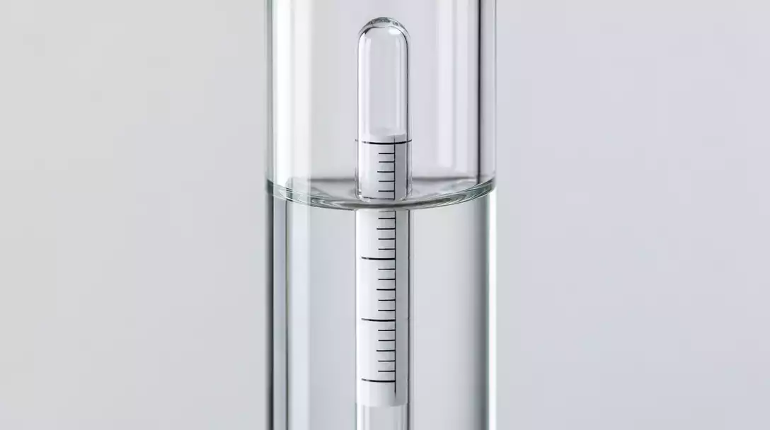 Close-up of a hydrometer floating in a liquid, showing the scale clearly