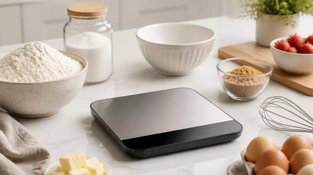 Modern digital food scale on a clean kitchen counter, surrounded by fresh ingredients like flour, sugar, and eggs, suggesting baking preparation