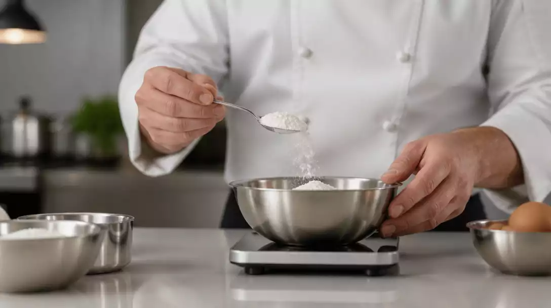 Chef precisely measuring ingredients on a digital scale