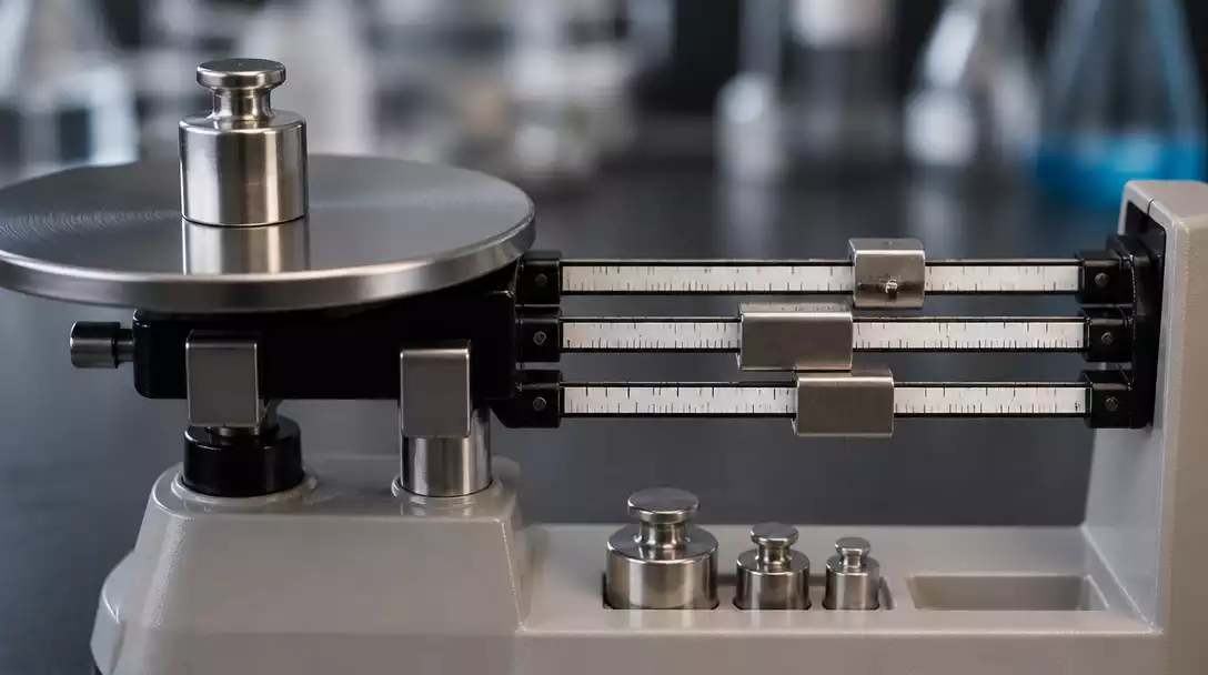Close-up of a triple-beam balance scale with weights