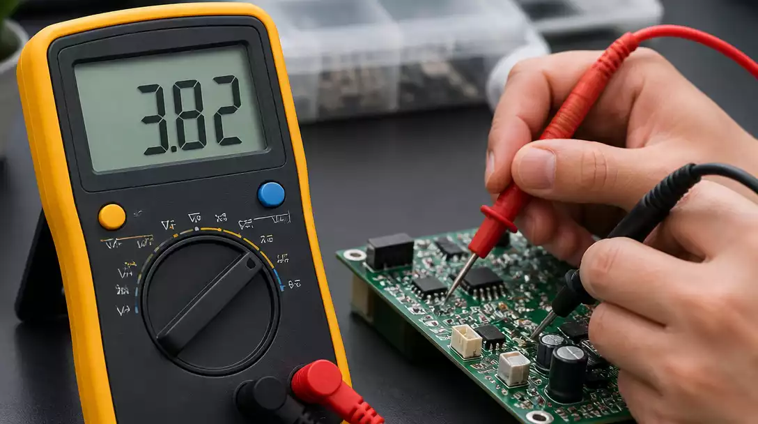 Close-up of a digital voltmeter displaying a voltage reading, with a person's hands holding the probes to a circuit board