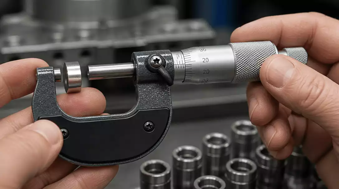Close-up of a micrometer in use, measuring a small metal component, with clear focus on the main and thimble scales