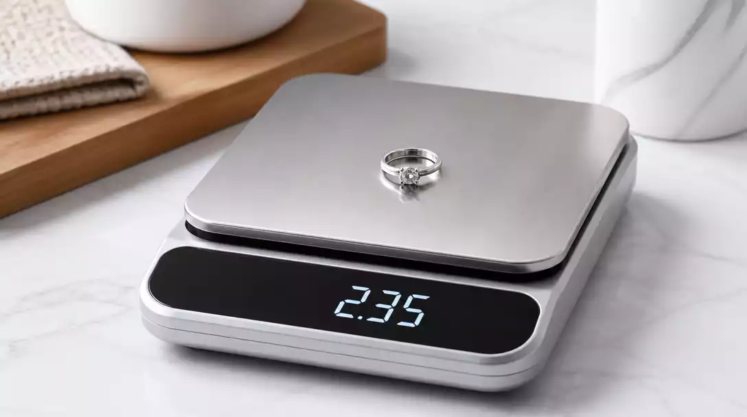 Close-up of a digital gram scale with a small item being weighed, showing precise numbers on the display.