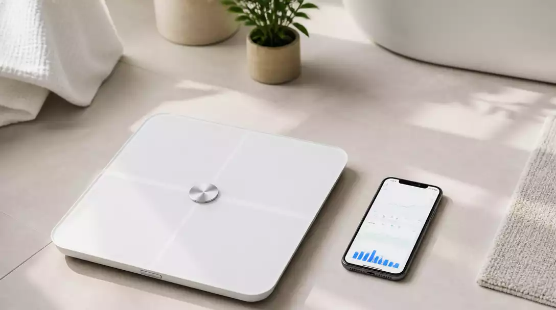Withings scale on a clean bathroom floor with a smartphone showing synchronized health data