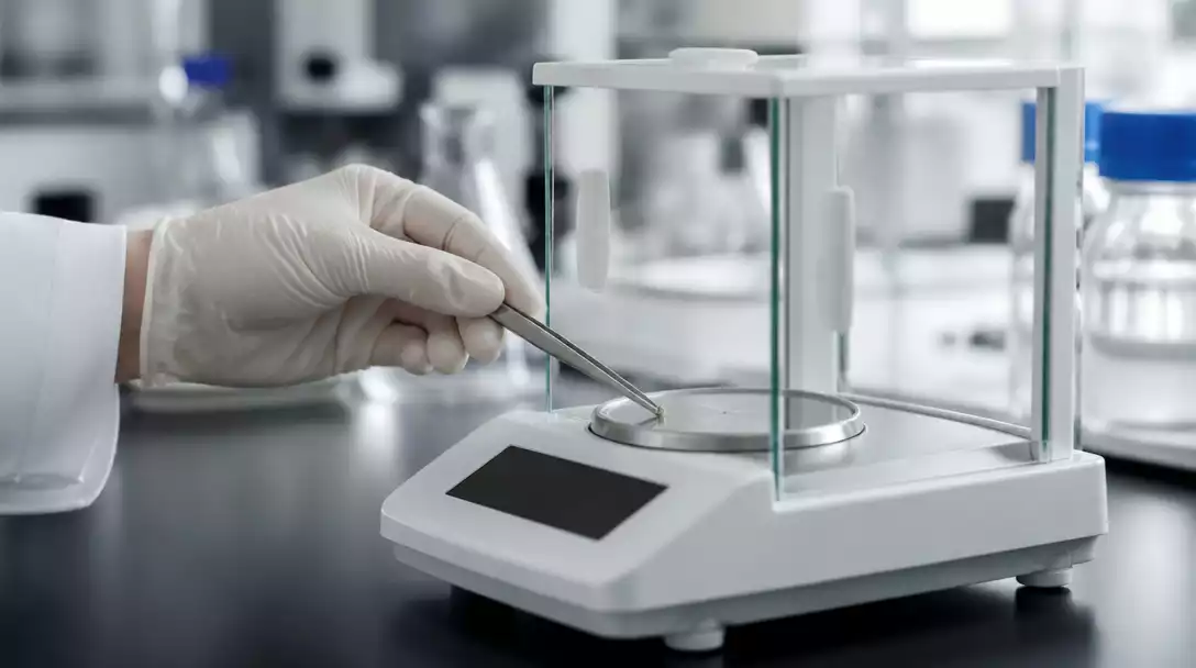 Close-up of a hand carefully placing a small object onto a digital milligram scale in a laboratory setting