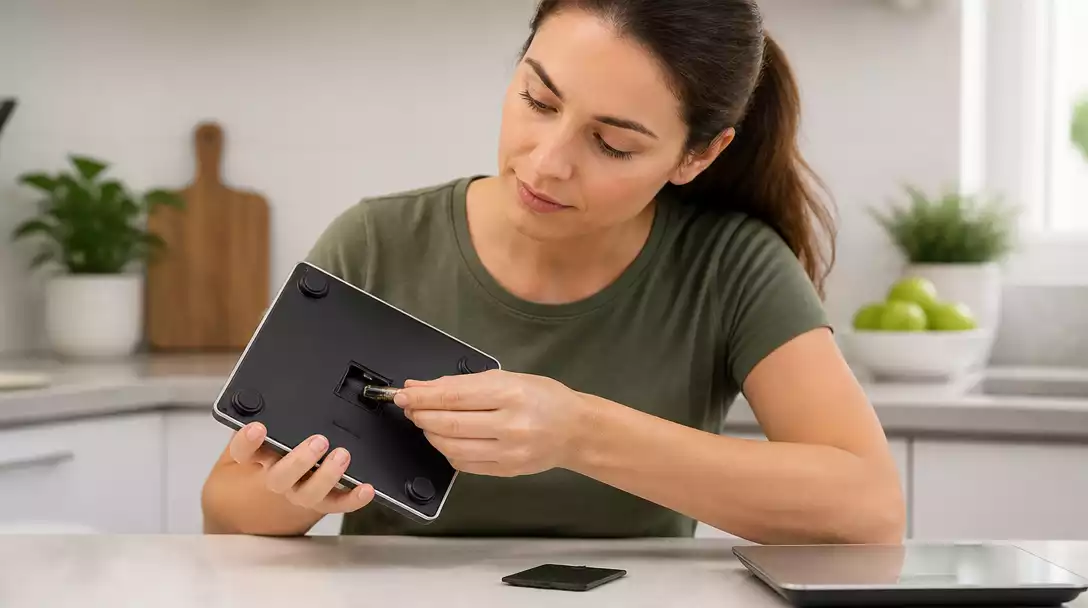 Person troubleshooting a digital food scale, checking battery compartment