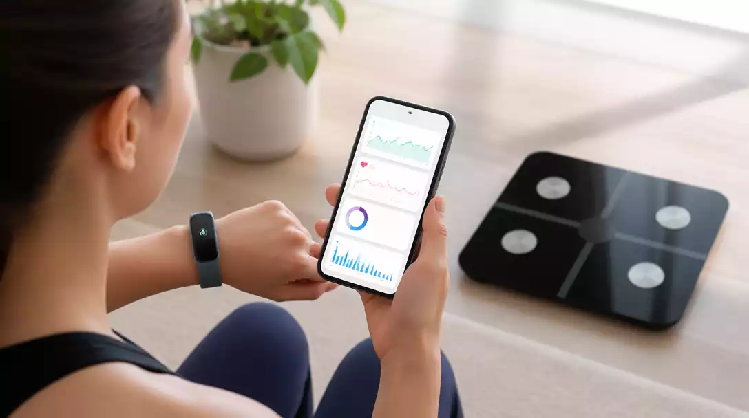 Person reviewing health metrics on a smartphone with a Fitbit and a RENPHO scale in the background