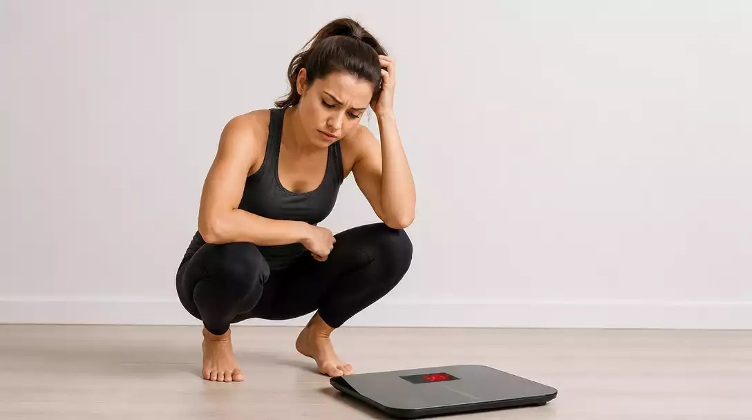 Person looking confused at a digital scale displaying an error message