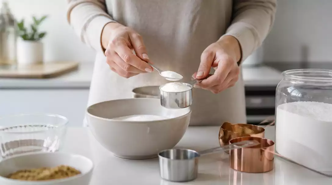 Hand measuring ingredients with measuring spoons and cups, kitchen background