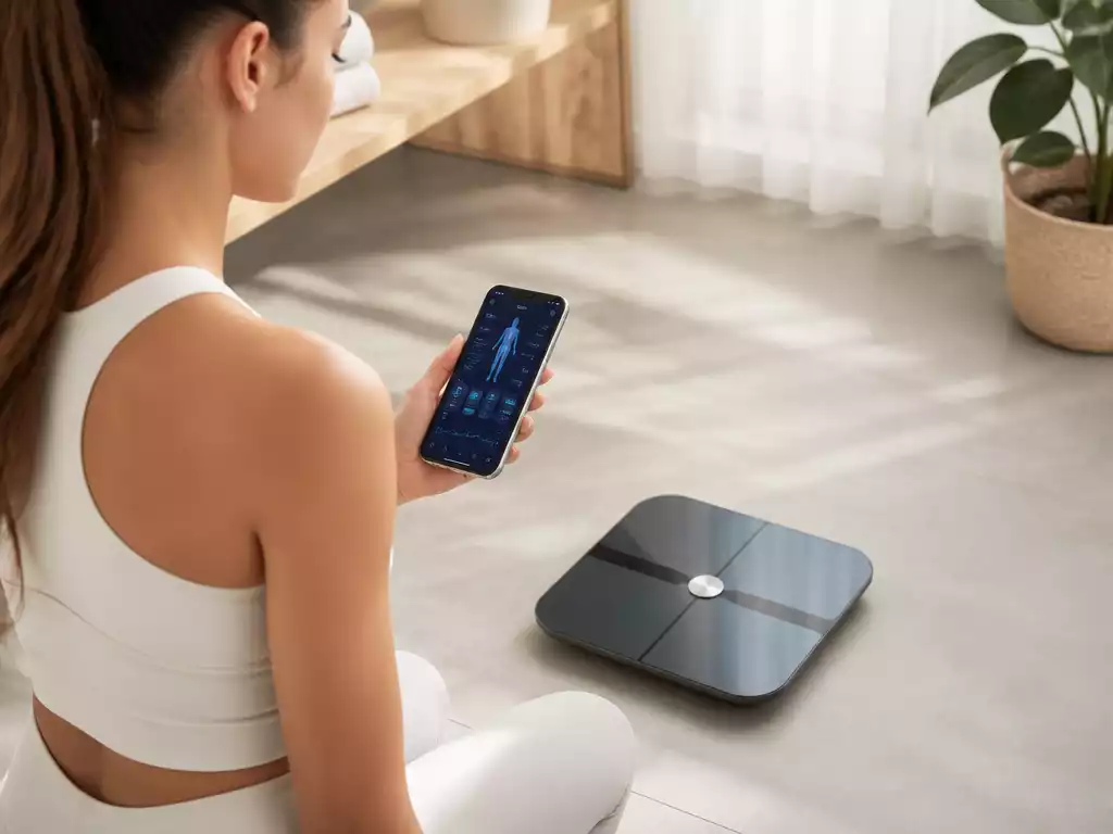 Person looking at a smart scale displaying different units, with a phone app showing synced data