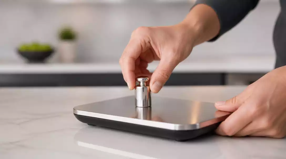 Person calibrating a digital scale with a small weight