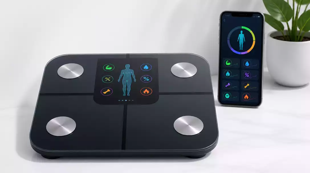 Modern smart scale displaying body composition metrics on a digital screen, with a smartphone showing a synced health app in the background, clean background, no text, no words, no typography, no labels, clean image